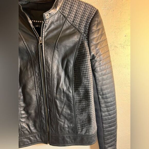 Trouve Black Quilted Bomber Jacket leather houndstooth zip up moto classic S - Picture 5 of 15